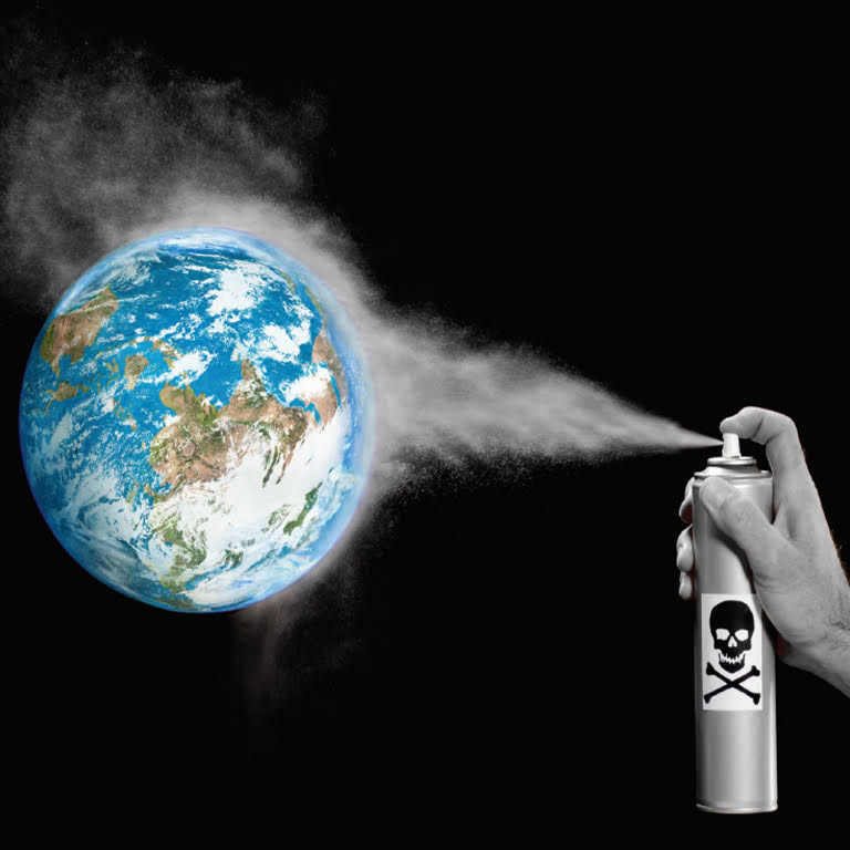 The image of a giant spray can with toxic content spraying the earth.