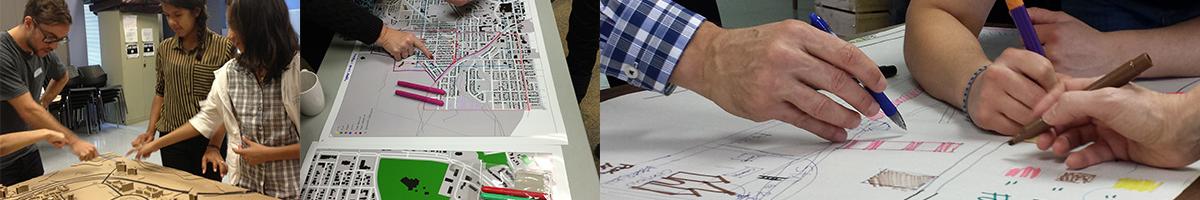 Images of residents and youth pouring over maps and 3d models of neighbourhoods.