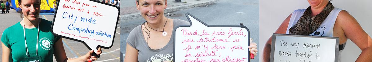 Photo-portraits of residents holding white-boards with messages.