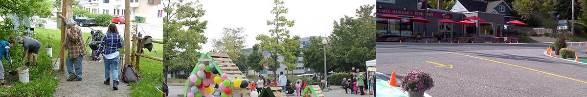 Pop-up infrastructure like walkway structure, play area, and traffic cones to calm traffic
