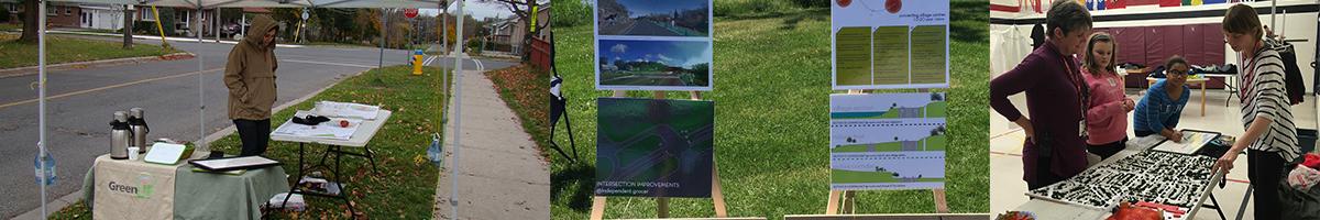 Images of pop-up kiosks and information panels for community engagement.