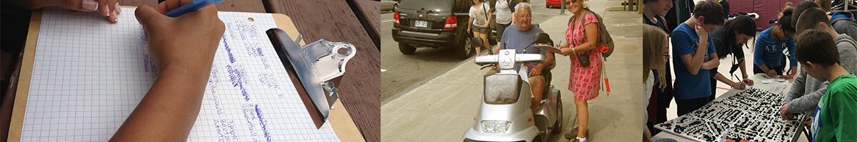 Images of a survey clipboard, a survey being taken of a man in a mobility scooter, and a survey taken at a pop-up kiosk at an event