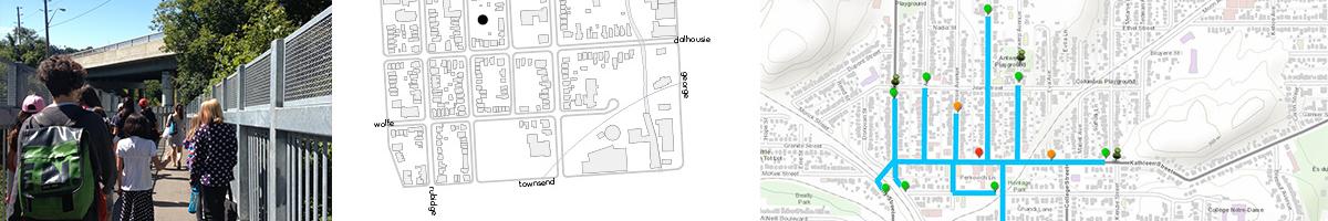 Images of a group of residents before setting on a walk tour, a basemap for mapping 5-minute walk radius and a mapped out 5-minute walk.