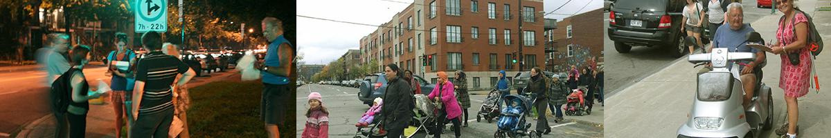 Image of people with different experiences of mobility taking a walk at different times of the day